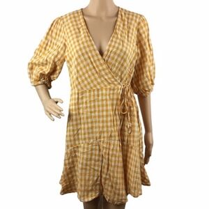 Lush Balloon Sleeve Wrap Dress Yellow Gingham